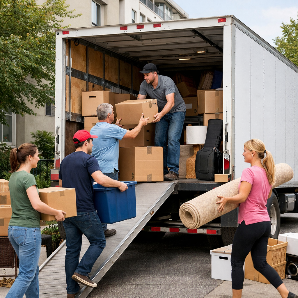 en umzug lkw und leute die was reinpacken